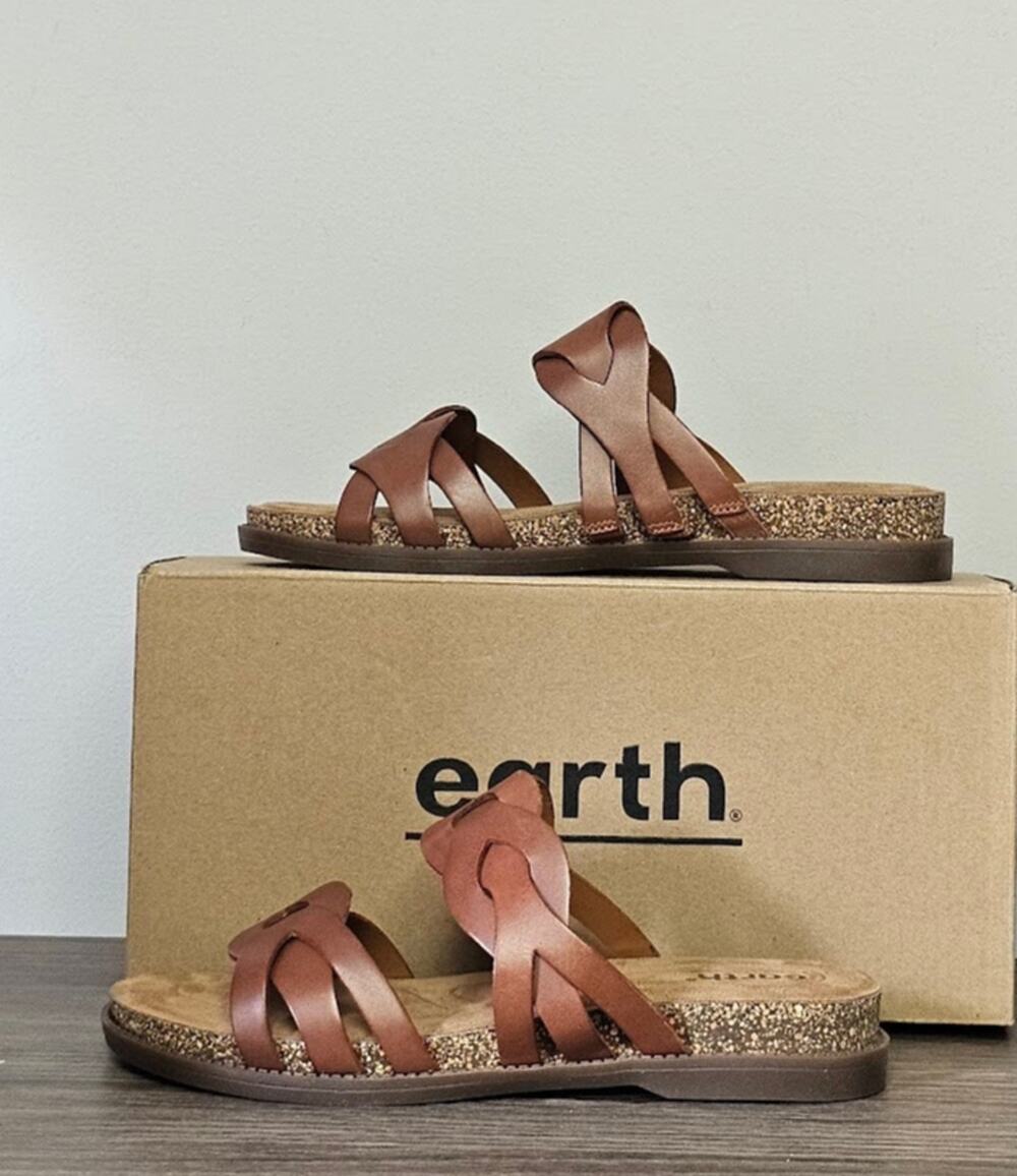 Earth Desty Brown Leather Flatform Slide Sandals Size 8 NIB